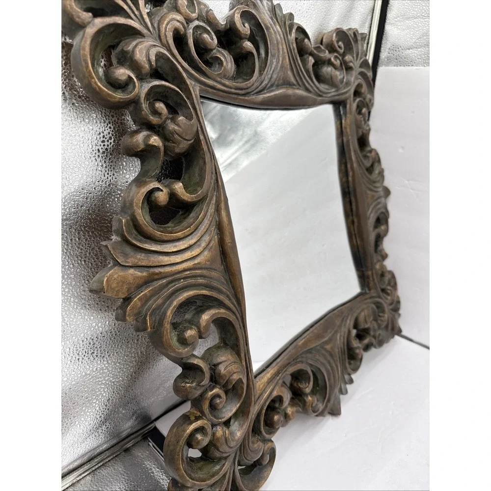 Ornate Carved Wood Mirror Hollywood Regency Baroque Style Wall Decor 24x 23 1/2